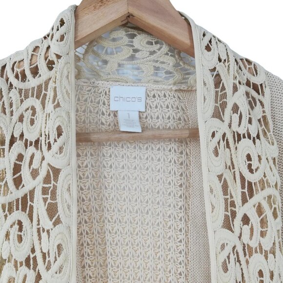 Chicos Open Front Knit Cardigan Sweater Size 1 M Waterfall Crochet Boho Long - Picture 2 of 11